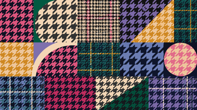 Classic seamless houndstooth plaid pattern in a sophisticated flat vector illustration, perfect for textile design, fashion backgrounds, wrapping paper, and elegant interior decor textures.