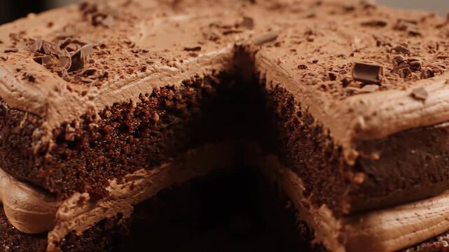 Decadent triple-layer chocolate cake with creamy cocoa frosting and chocolate shavings, photographed close-up to show rich texture and a missing slice