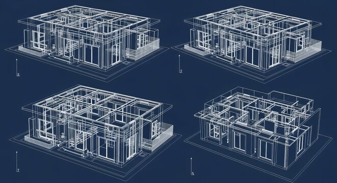Architectural blueprint of modern house structures with detailed frameworks