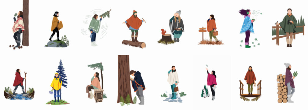 Vector illustration set of women wearing ponchos and warm clothes, engaging in various outdoor activities in forest and nature settings during autumn and winter.