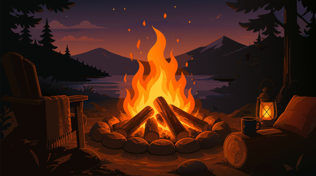 Warm campfire burning brightly with orange and yellow flames over wood logs, cozy outdoor camping atmosphere flat vector illustration, cozy nature adventure symbol on dark background.