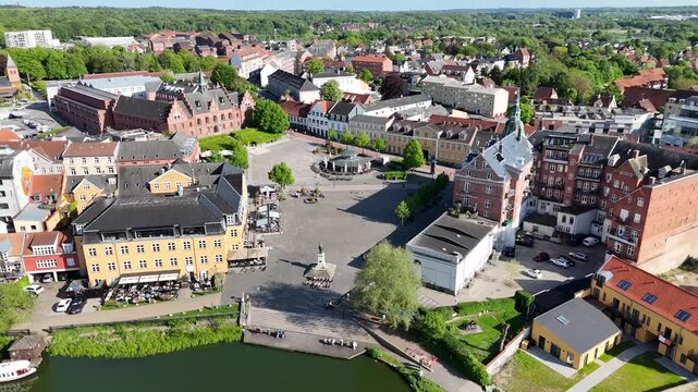 Flight over town square (Torvet) in Hillerod city, Denmark