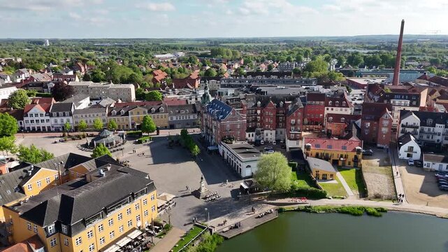 Aerial view of town square (Torvet) in Hillerod, Denmark