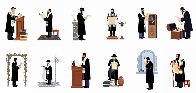 Collection of various Jewish men in traditional attire reading Torah scrolls and performing religious rituals, isolated on white background.
