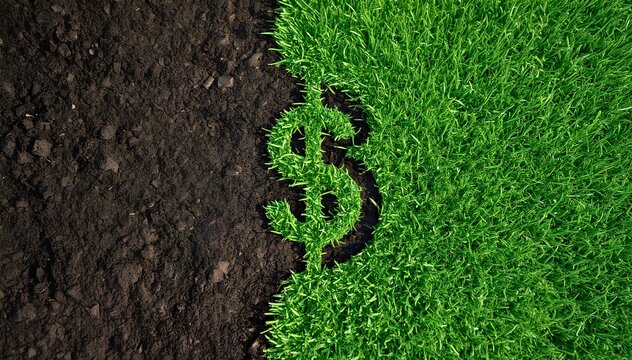 Dollar symbol precisely cut out of fresh green grass resting on dark soil