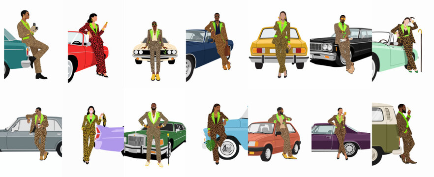 Collection of stylish people wearing leopard print suits posing with vintage luxury cars in a modern flat illustration style.