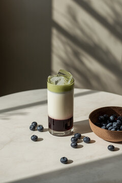Blueberry Matcha Latte in a Clear Glass with Ice, Vibrant Layered Japanese Tea Drink with Fresh Blueberries