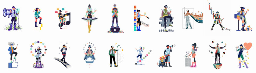 Diverse collection of avatars in VR headsets exploring digital creativity, social media, and content creation within a futuristic metaverse, featuring various roles and activities. © Juan