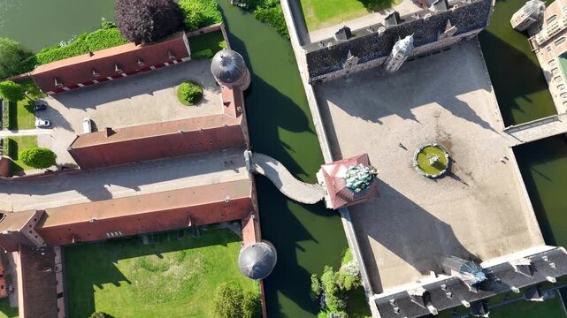 Top-down view of Frederiksborg Castle courtyard and bridge, Hillerod, Denmark