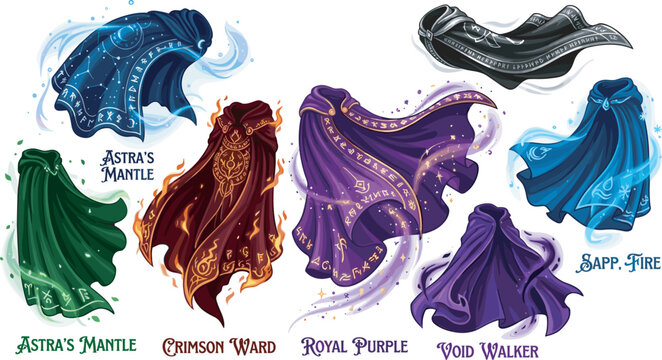 Fantasy wizard cape vector set with magical glowing mantles robes cloaks with ancient runes and elemental aura isolated on white background
