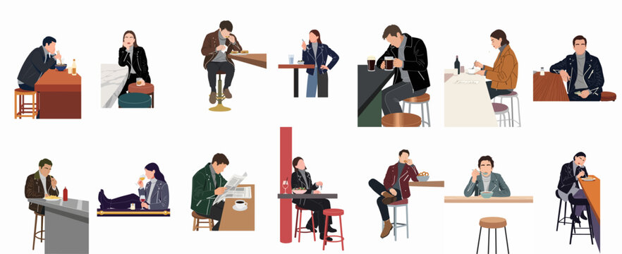 Collection of minimalist flat vector illustrations depicting various people eating and drinking alone in cafes, bars, and restaurants.