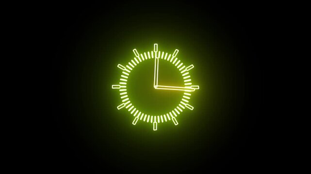 clock icon neon glowing Yellow color animation. black background 24 hour fast digital clock.
