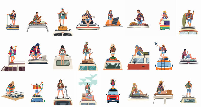 Collection of diverse people wearing colorful ponchos enjoying various outdoor adventure and camping activities on top of their camper vans and vehicles.
