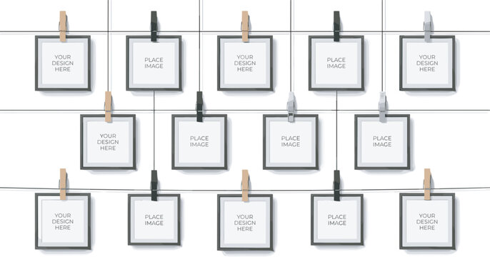 Blank photo frame mockup vector set hanging on string grid with wooden pegs and clothespins for memory gallery display isolated on white background