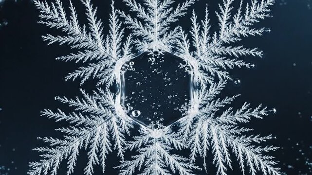 Macro View of a Growing Geometric Snowflake Crystal Forming on a Dark Cold Background Surface