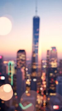 A Captivating Evening Cityscape Featuring Towering Skyscrapers and Blurred Lights in a Vibrant Urban Setting Bathed in the Warm Glow of Dusk