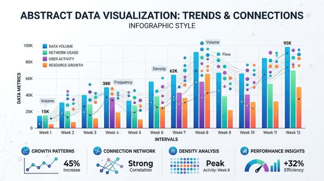 Infographic style abstract data visualization with trends and connections graph