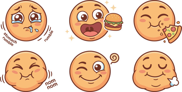 Cute hungry emoji vector icon set with happy yellow faces crying from stomach rumble eating burger pizza chewing food and feeling full on white background