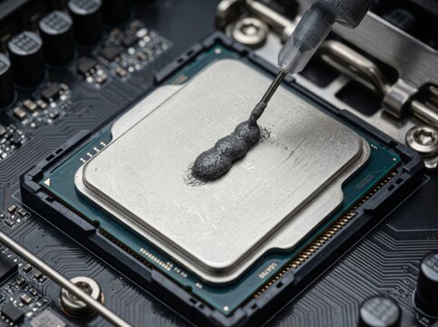 Macro shot of CPU thermal paste application for cooling system installation