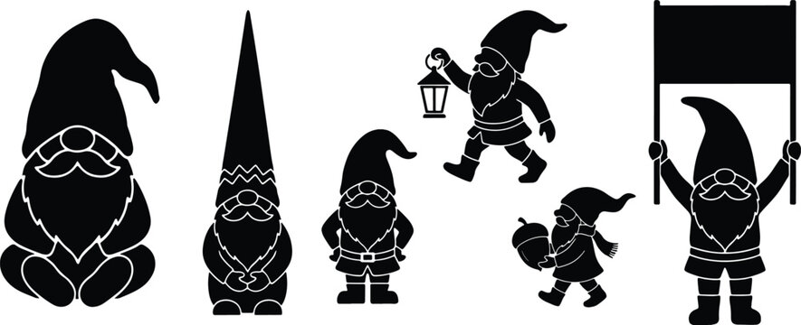 Cute Christmas Gnomes Silhouette Set, Modern Scandinavian Nisse Winter Collection, Minimalist Noel Festive Clip Art Stamps.