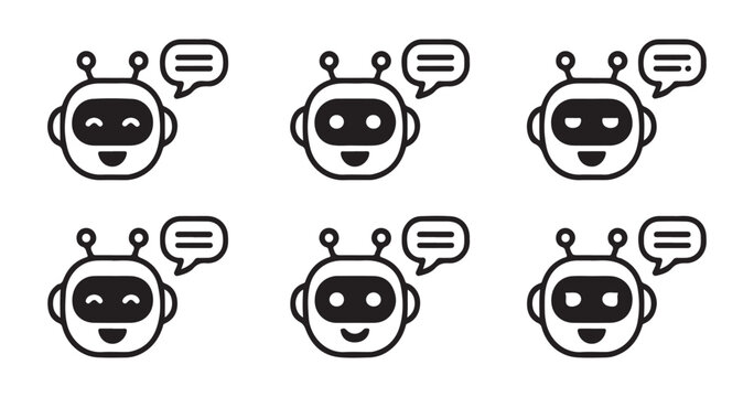 Set of six outline chat bot heads. modern robot character with speech bubble in flat style. friendly android.