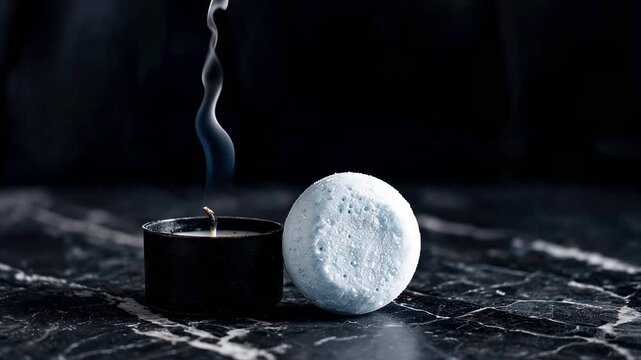 Thin wisp of smoke slowly rising from blown out candle next to shower steamer on dark marble, dramatic side lighting, deep shadows, dark luxury spa ritual atmosphere, moody cinematic wellness video
