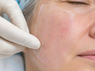 Naklejka premium Surgeon applying artificial skin graft on woman cheek during facial reconstructive surgery. Medical procedure in clinic. Dermatological treatment for wound healing and tissue repair.