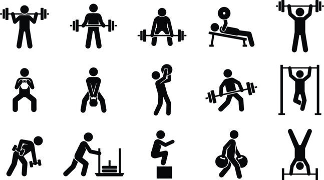 Black and white weightlifting and exercise icons set