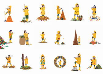 Set of vector illustrations featuring a young girl in a yellow raincoat playing the flute amidst colorful autumn leaves and various garden activities. © Siji