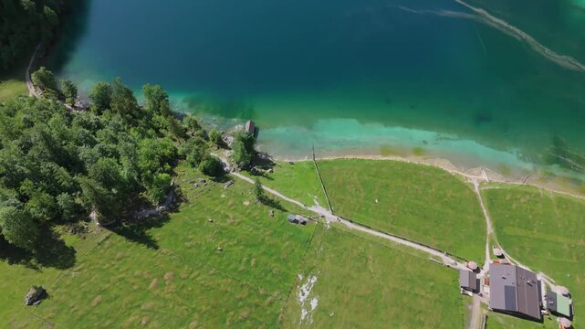 Obersee Turquoise Shore Top Down Tracking Aerial Berchtesgaden Germany