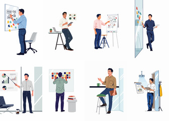 Fototapeta premium Collection of flat vector illustrations of professional businessmen giving presentations, brainstorming, and analyzing data in modern office and boardroom environments.