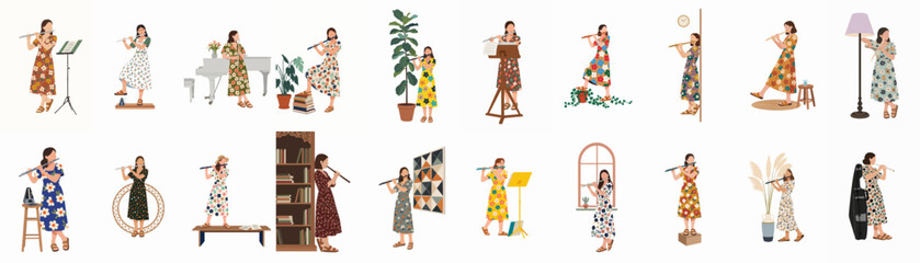 Collection of illustrations showing a woman in various floral dresses playing the flute in different indoor settings like home, library, and music room. © Juan
