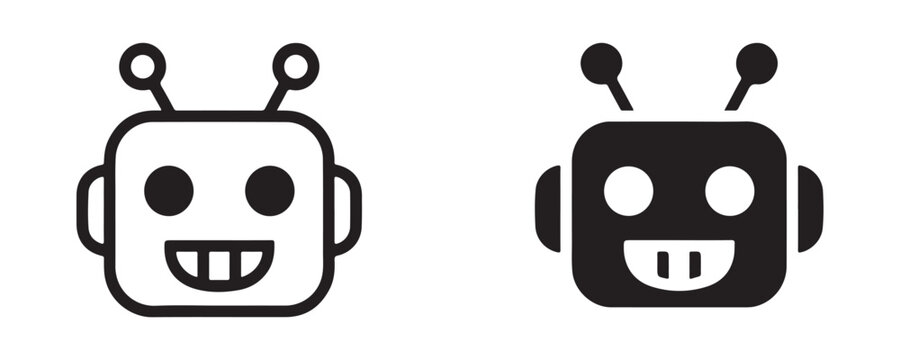Outline and filled black icon of a friendly robot face with antennas for digital web and application design.