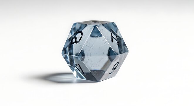 A single transparent twenty sided die with visible scratch marks resting on a clean white surface representing tabletop roleplaying game accessories