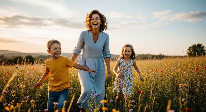 Family running through field