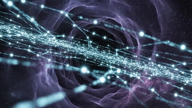 Abstract futuristic space tunnel with glowing light particles and data connectivity network lines in orbit