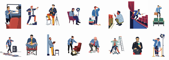 Fototapeta premium Flat illustration set of various crew members performing production roles in a film studio and theater environment, including directors, ushers, and lighting technicians.