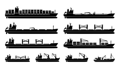 Obraz premium Black Maritime Cargo Vessel Silhouette Set with Container Ships and Freight Transport Ships Vector Illustration on White Background