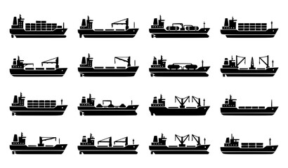 Fototapeta premium Cargo Ship Silhouette Collection Vector Set Featuring Various Maritime Transport Vessel Designs Isolated on White Background