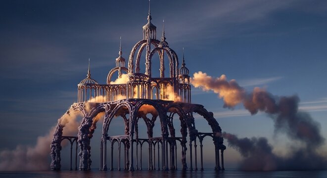 Fantasy architecture floating above water