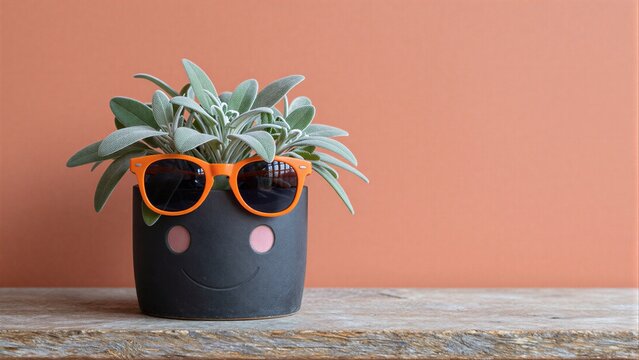 A smiling pot with sunglasses and a plant, set against an orange background.