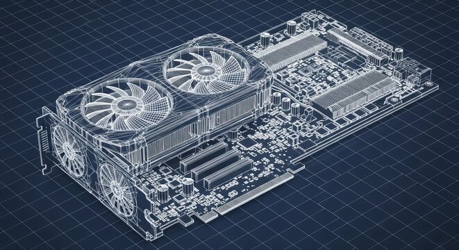 Detailed blueprint of computer graphics card with fans and circuitry