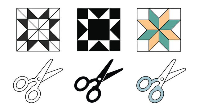 Geometric Quilt Patterns and Scissor Icon for Sewing Crafting Textile and Patchwork Design Projects