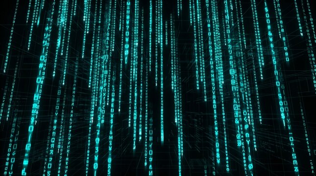 Digital matrix of falling cyan binary code on a dark background with a cinematic feel and futuristic mood.
