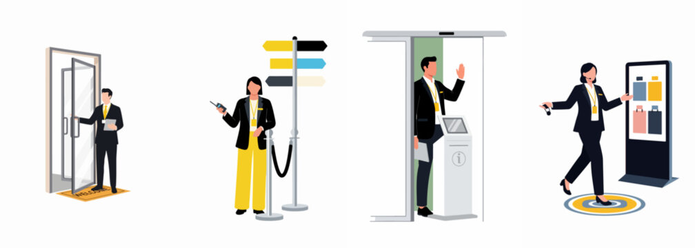 Set of Professional Event Staff Illustrations Showing Concierge, Security, Information Desk, and Digital Support Personnel for Corporate Hospitality and Conferences
