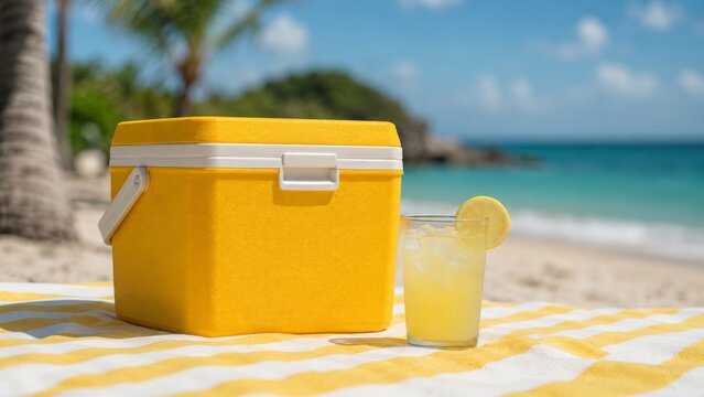 An outdoor summer picnic scene with a yellow cooler and iced lemonade, placed on a beach blanket, with palm trees and turquoise water under a bright sky