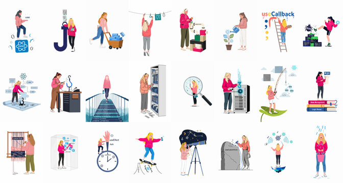 Comprehensive collection of conceptual illustrations depicting React hooks and web development processes, featuring female developers in various metaphorical and literal scenarios.