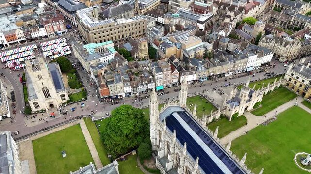 Drone shot of city center landmarks, Cambridge city, UK