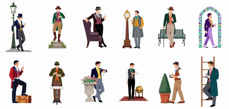 Collection of 12 Victorian and Edwardian style men in elegant historical costumes checking their pocket watches in various classic settings.