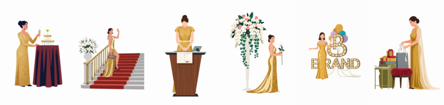 Set of elegant women in sparkling gold gowns attending a luxury brand event, featuring champagne towers, red carpets, and glamorous celebrations.